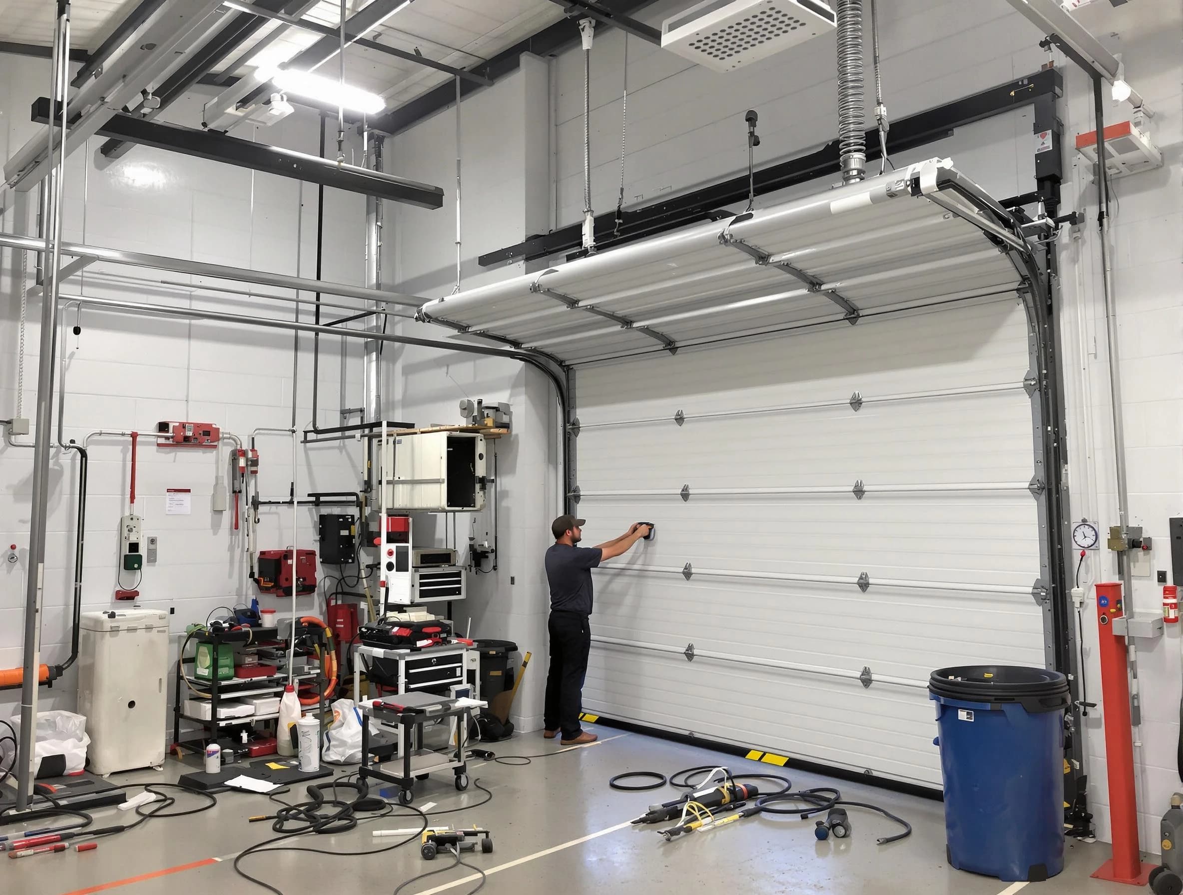 Hempfield Garage Door Repair certified technician performing commercial door repair at a Hempfield business facility