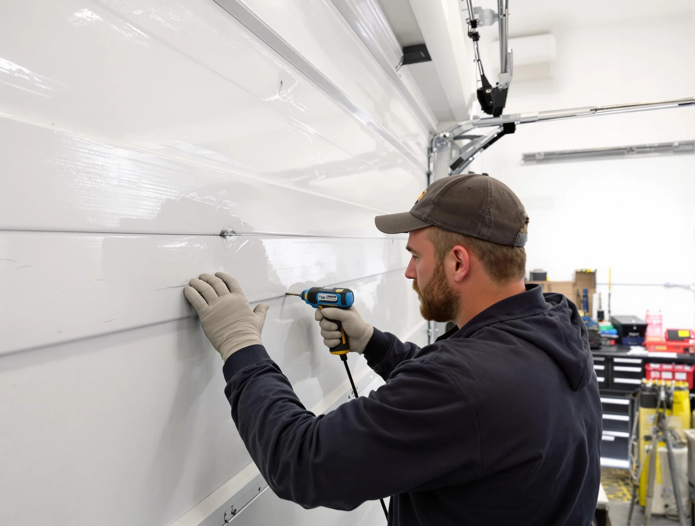 Hempfield Garage Door Repair technician demonstrating precision dent removal techniques on a Hempfield garage door